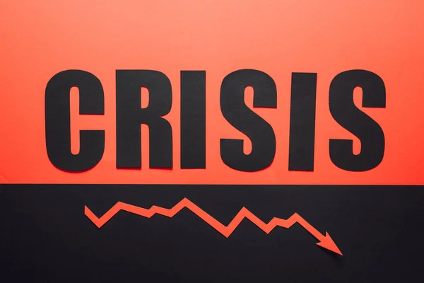 Top View Word Crisis Recession Arrow Black Red Background Divided — Stock Photo, Image