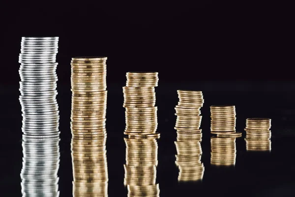 Stacks Silver Golden Coins Surface Reflection Isolated Black — Stock Photo, Image