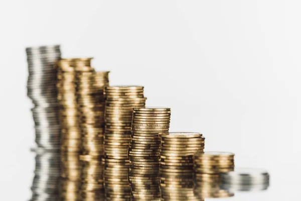 Selective Focus Stacked Silver Golden Coins Surface Reflection Isolated White — Stock Photo, Image