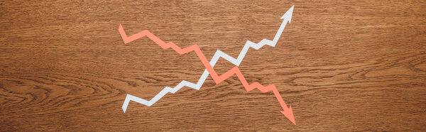 top view of paper cut increase and recession arrows on wooden desk, panoramic shot