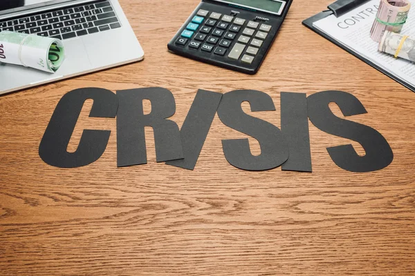 Paper Cut Word Crisis Laptop Calculator Contract Clipboard Cash Rolls — Stockfoto