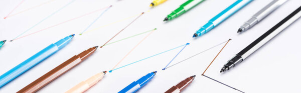 панорамный снимок цветных ручек войлочных наконечников на белом фоне с соединенными линиями, связью и коммуникационной концепцией
