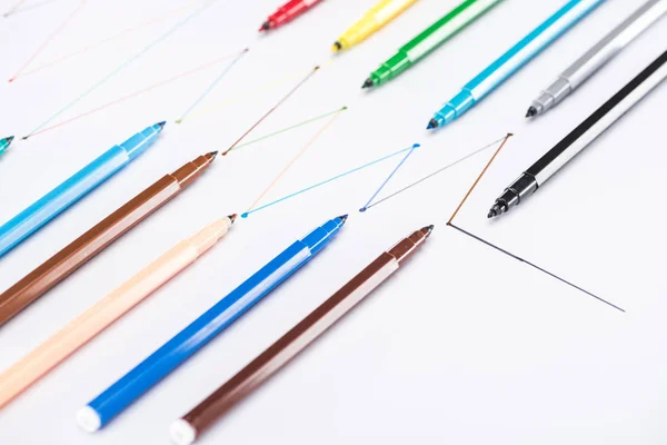 Colorful Felt Tip Pens White Background Connected Drawn Lines Connection — Stock Photo, Image