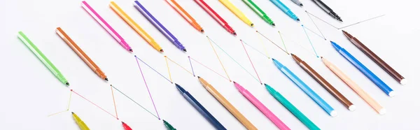 Beyaz Arkaplan Üzerinde Keçeli Kalemlerin Panoramik Çekimi Çizilmiş Çizgiler Bağlantı — Stok fotoğraf