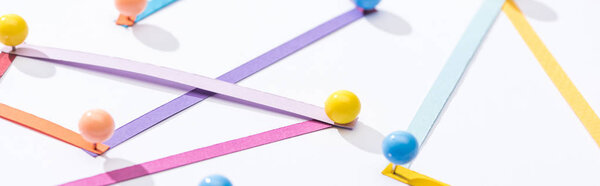 panoramic shot of multicolored abstract connected lines with pins, connection and communication concept