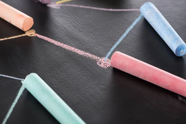 Colorful Chalk Black Surface Connected Drawn Lines Connection Communication Concept — Stock Photo, Image