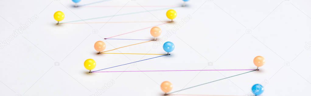 panoramic shot of colorful connected drawn lines with pins, connection and communication concept