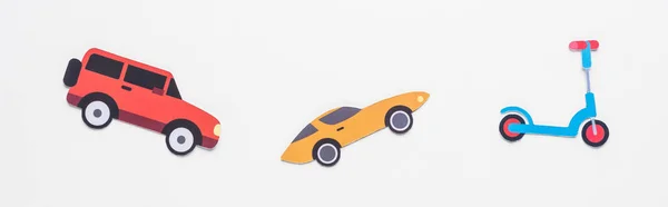 Top View Paper Cut Vehicles White Background Panoramic Shot — Stock Photo, Image