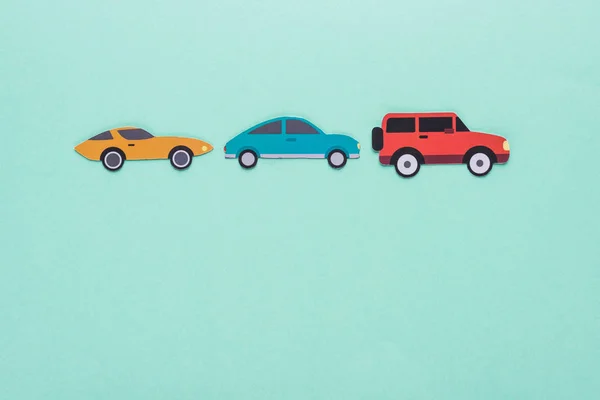 Top View Paper Cut Cars Turquoise Background Copy Space — Stock Photo, Image