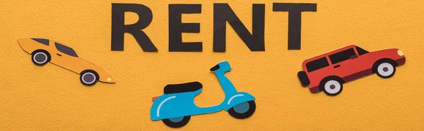 Top View Paper Cut Vehicles Black Rent Lettering Orange Background — Stock Photo, Image