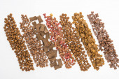 top view of fresh assorted dry pet food in lines isolated on white