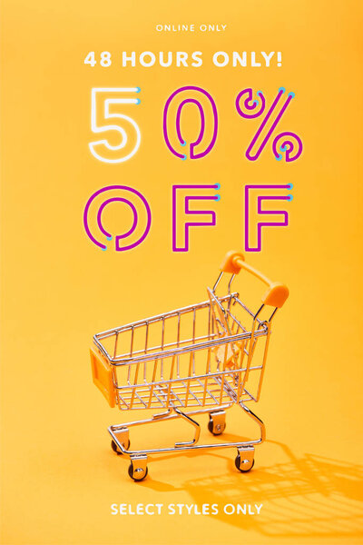 empty small shopping cart on bright orange background with 48 hours only 50 percent off illustration