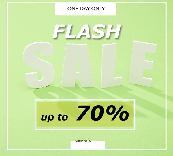 white sale lettering with shadow on green background with flash sale, up to 70 percent illustration 