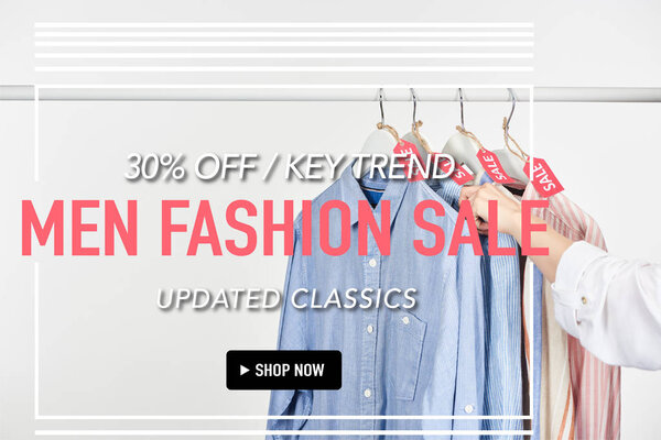 cropped view of woman near elegant shirts hanging with sale labels isolated on white with 30 percent off men fashion sale illustration