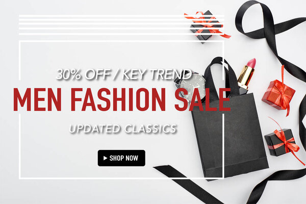 top view of small shopping bag with male wristwatch and female lipstick near ribbon and presents on white background with 30 percent off men fashion sale illustration 