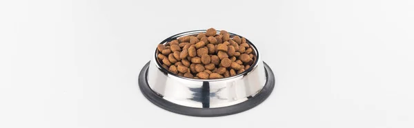 Dry Pet Food Silver Bowl Isolated White Panoramic Shot — Stock Photo, Image