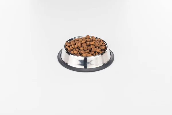 Dry Pet Food Silver Bowl Isolated White — Stock Photo, Image