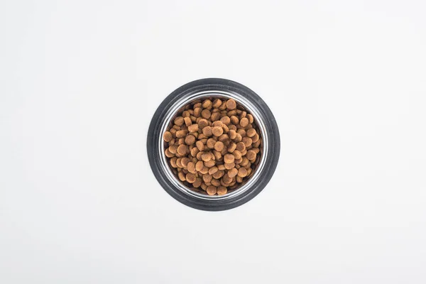 Top View Dry Pet Food Silver Bowl Isolated White — Stock Photo, Image