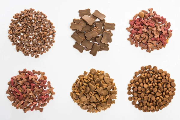 Top View Assorted Dry Pet Food Piles Isolated White — Stock Photo, Image