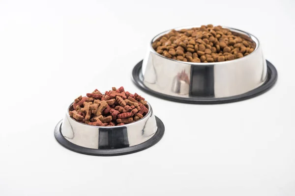 Selective Focus Assorted Dry Pet Food Bowls Isolated White — Stock Photo, Image