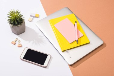 yüksek açılı dizüstü bilgisayar, not defteri, kalem, bitki, silgi, akıllı telefon, ataç ve kağıt görüntüsü