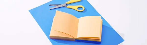 Panoramic Shot Notebook Scissors Paper White Background — Stock Photo, Image