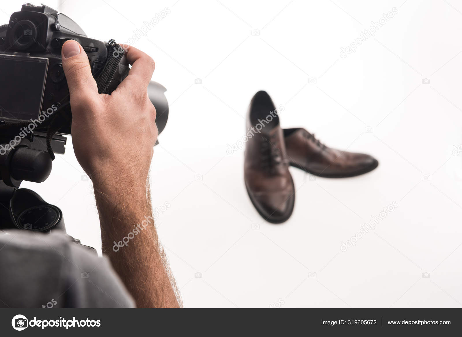 Cropped View Male Photographer Making Commercial Photo Shoot Male Shoes