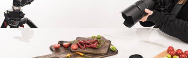 Ticari fotoğrafçılık için yemek hazırlayan ve dijital kamerada fotoğraf çeken kadın fotoğrafçı görüntüsü. 