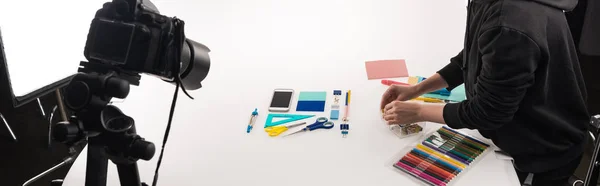 Cropped View Female Photographer Making Flat Lay Office Supplies Commercial — Stock Photo, Image