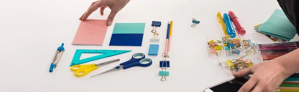 Cropped View Professional Photographer Making Flat Lay Office Supplies Commercial — Stock Photo, Image