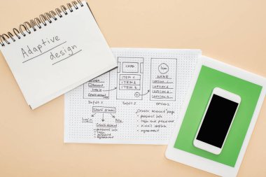top view of gadgets near website design template and notebook with adaptive design lettering on beige background clipart