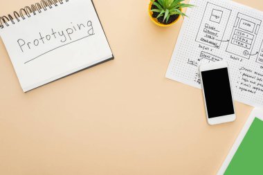 Web sitesi tasarım şablonu yakınındaki aygıtların üst görünümü, prototip harfleri ve bej arka planda yeşil bitki içeren not defteri