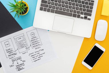 top view of website design template near laptop, computer mouse, smartphone, plant on abstract geometric background clipart