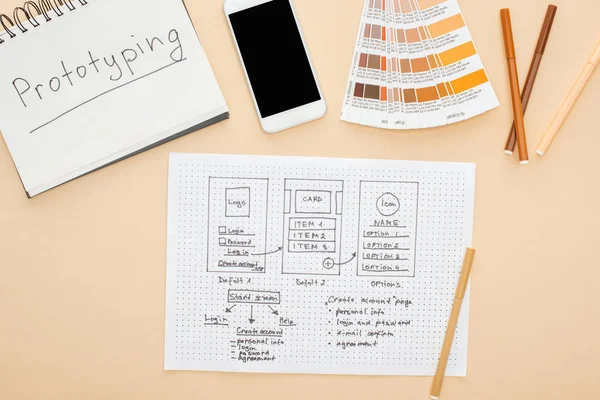 ウェブサイトのデザインテンプレート カラーパレット フェルトペンやノートブックの近くのスマートフォンのトップビューベージュの背景に文字をプロトタイピング — ストック写真