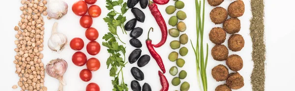Top View Chickpea Garlic Cherry Tomatoes Parsley Olives Chili Pepper — Stock Photo, Image