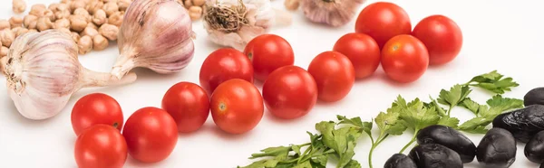 Close View Chickpea Garlic Cherry Tomatoes Parsley Olives White Background — Stock Photo, Image