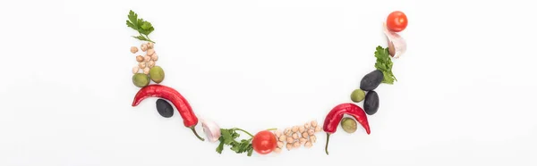 Blick Von Oben Auf Kichererbsen Knoblauch Kirschtomaten Petersilie Oliven Chilischote — Stockfoto