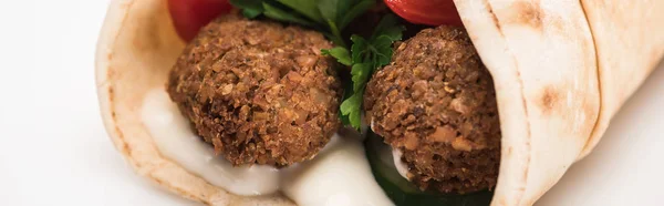 Vue Rapprochée Des Falafels Frais Pita Avec Légumes Sauce Sur — Photo