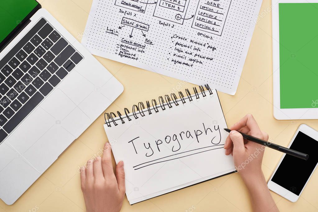 cropped view of designer writing typography lettering in notebook near website design template and gadgets on yellow background