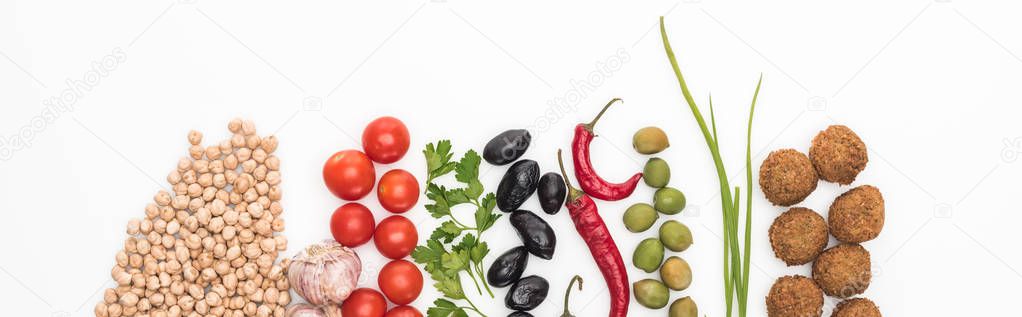 Top view of chickpea, garlic, cherry tomatoes, parsley, olives, chili pepper, green onion and falafel on white background, panoramic shot — Stock Image Top View Chickpea Garlic Cherry Tomatoes Parsley Olives Chili Pepper Stock Image