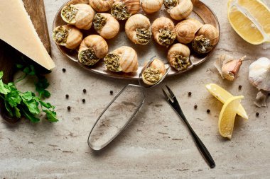 Limon dilimleri, maydanoz, karabiber ve cımbızla pişirilmiş lezzetli salyangozların üst görüntüsü.