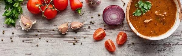 Traditional Georgian Soup Kharcho Vegetables Spices Table Panoramic Shot — Stock Photo, Image