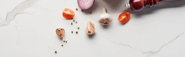 Top View Pepper Mill Vegetables Marble Texture Panoramic Shot — Stock Photo, Image