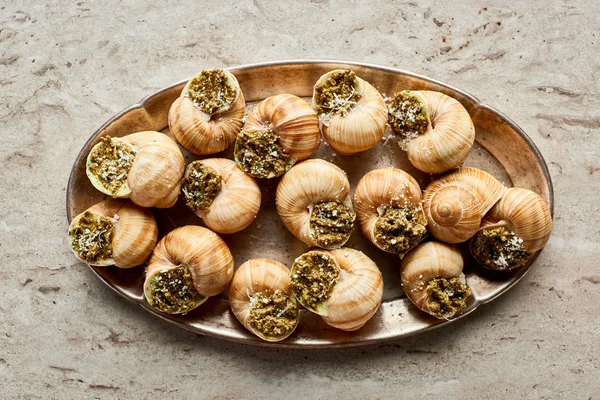 Top View Delicious Cooked Escargots Plate Stone Background — Stock Photo, Image