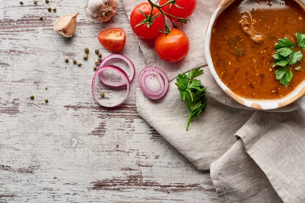 Top view of Georgian soup kharcho with cilantro and vegetables on wooden table — Stock Image Top View Georgian Soup Kharcho Cilantro Vegetables Wooden Table Stock Image