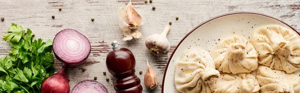 Top View Delicious Khinkali Vegetables Spices Wooden Table Panoramic Shot — Stock Photo, Image