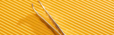 stainless steel tweezers on yellow textured background, panoramic shot clipart
