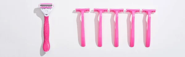 Top View Female Pink Razors White Background Panoramic Shot — Stock Photo, Image