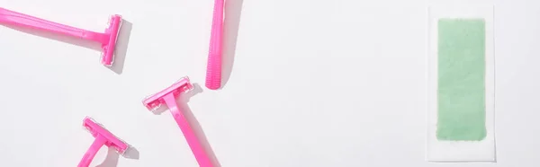 Top View Female Pink Razors Depilation Stripe White Background Panoramic — Stock Photo, Image