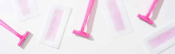 Top View Pink Razors Depilation Wax Stripes White Background Panoramic — Stock Photo, Image